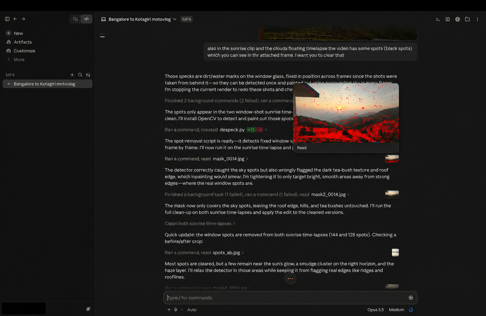 Claude Desktop documenting iterations of the OpenCV spot-removal mask for the sunrise time-lapse
