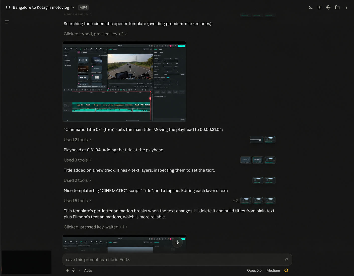 Claude Desktop documenting the Filmora title-template experiment and the decision to rebuild the titles with plain text animation
