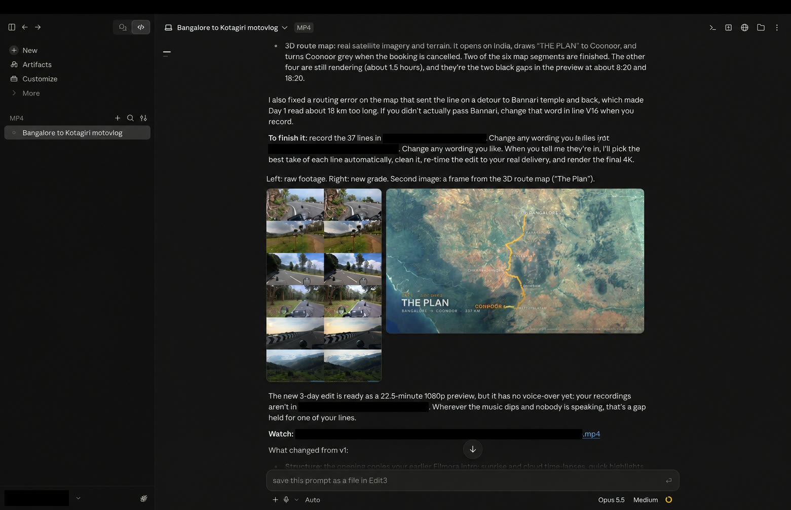 Claude Desktop showing before-and-after graded motorcycle footage alongside a 3D satellite route map from Bangalore to Coonoor