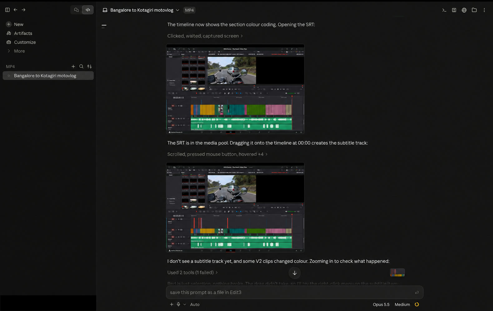 Claude Desktop showing a colour-coded DaVinci Resolve timeline while diagnosing an SRT subtitle-track import