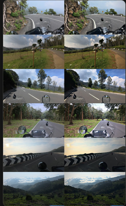 Six matched frame pairs with raw footage on the left and the colour-graded result on the right