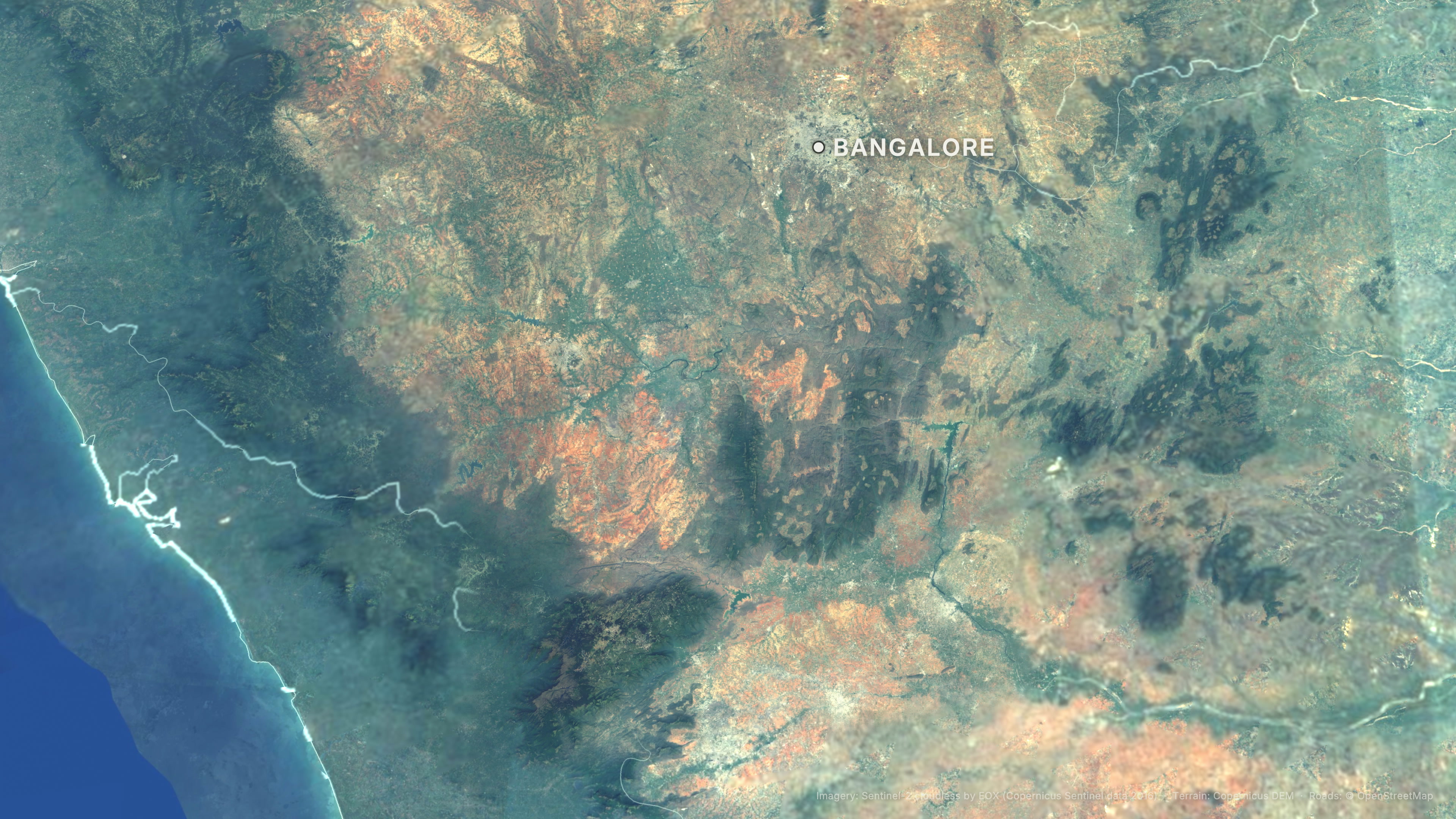A finished 3D satellite map frame centred on Bangalore at the beginning of the planned route animation