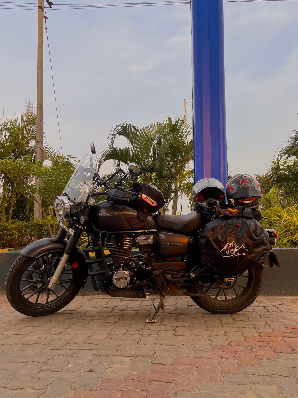 Divyansh's motorcycle packed for a long ride